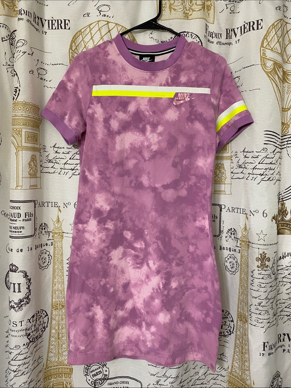 Nike Shirt Dress Fitted Bodycon Sz L Purple Tie Dye w/ Neon Accents